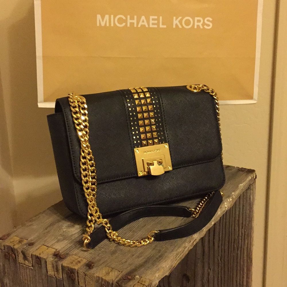 Michael Kors Studded Crossbody‎ Bag Gold Chain Black Leather Purse Small